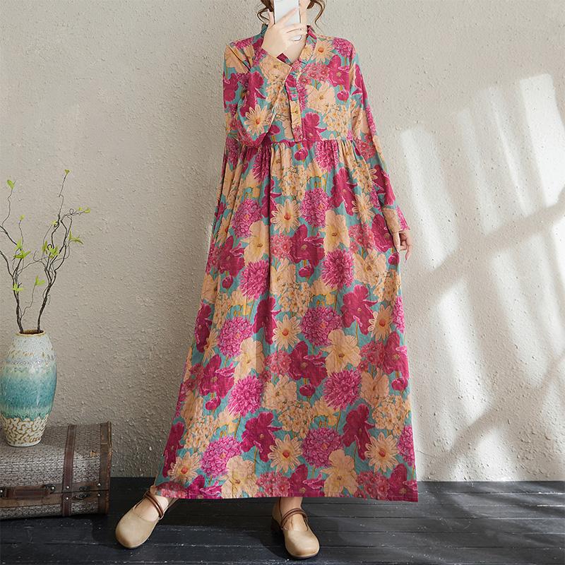 

Платье женское повседневное свободное весеннее осеннее с длинным рукавом, большого размера, хлопковое, винтажное, с цветочным принтом, новинка XXL