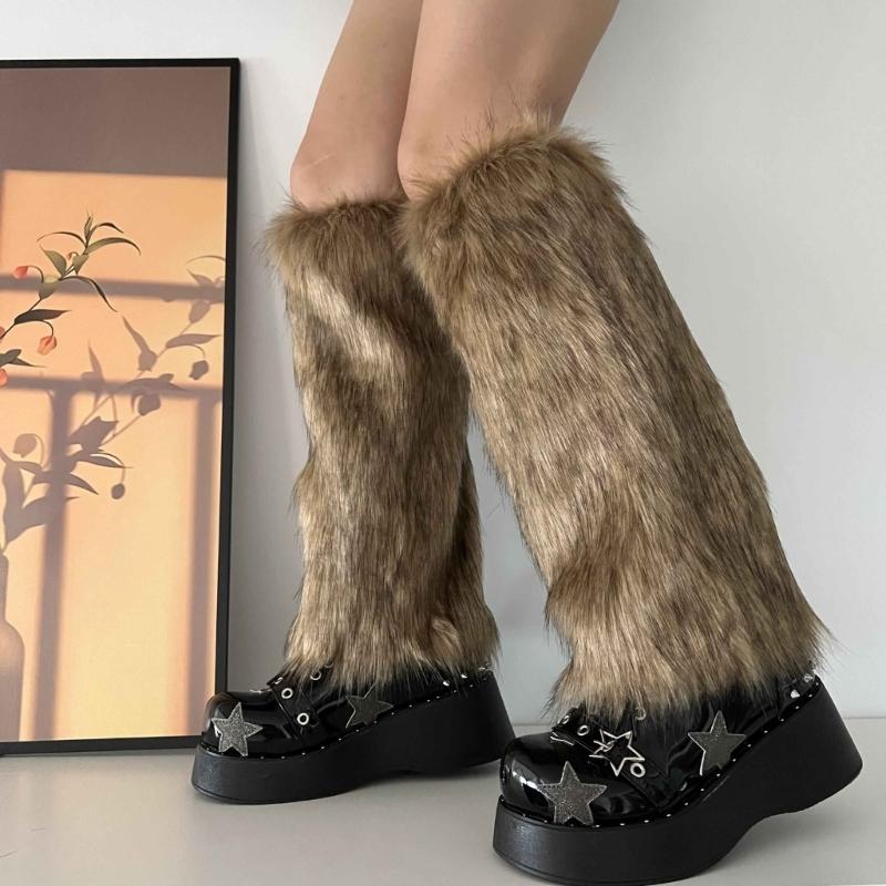 Womens Furry Party Costume Sexy Y2K Faux Furs Fuzzy Long Boots Shoes Cuffs Cover Leg Warmers/Boot Sleeves/Boot Covers
