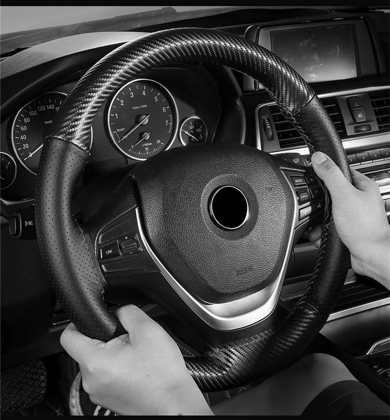 38CM Deluxe Black Carbon Fiber & Leather Car Steering Wheel Cover Trim Universal