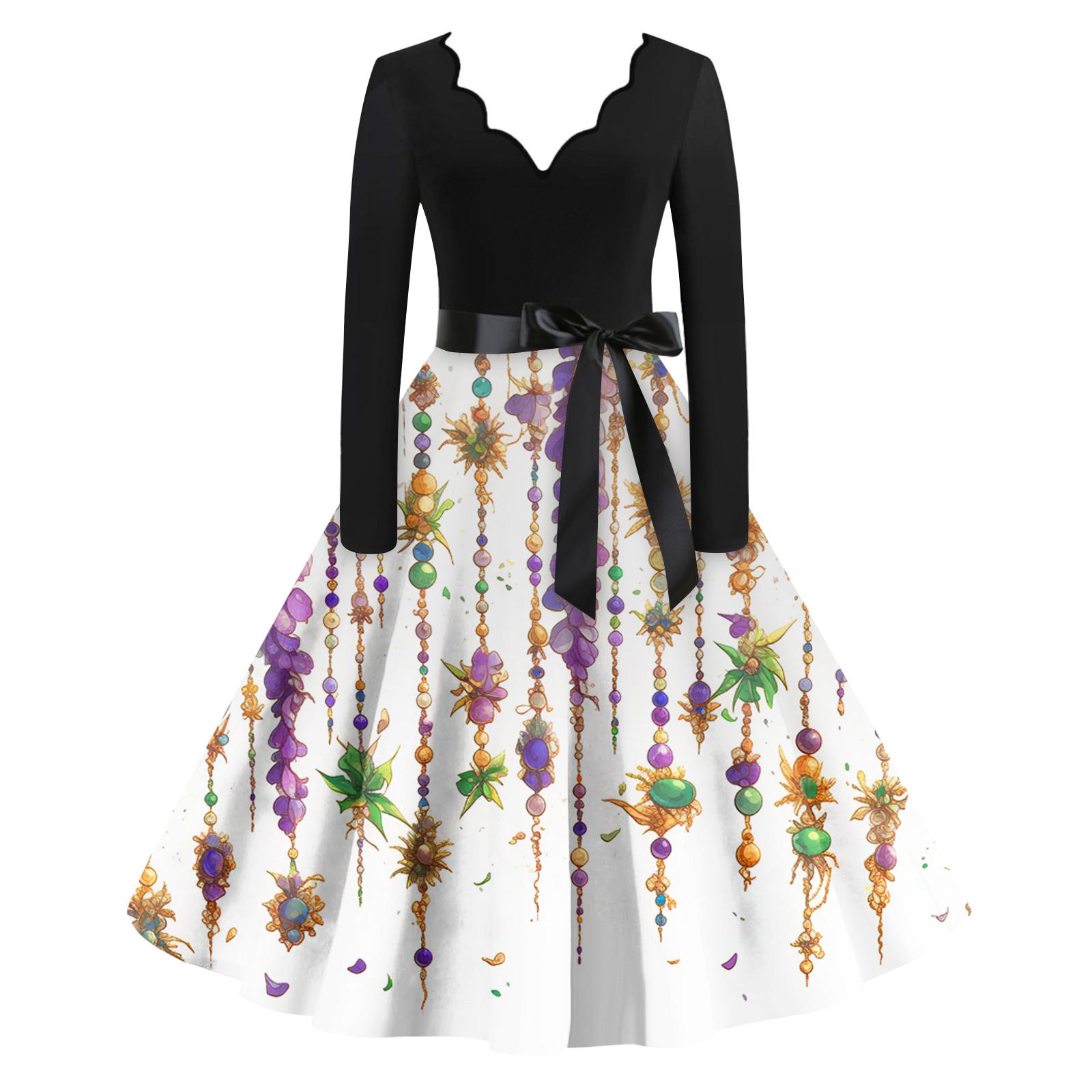 

Женское повседневное модное платье с V-образным вырезом и длинным рукавом с принтом в винтажном стиле XL