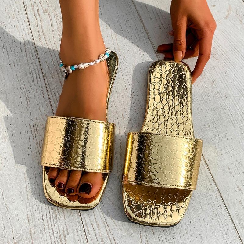 Fashion Women's Fashion Flat Sandals Summer New Square Head Open Toe Soft Sole Anti-slip Wear-resistant Slippers