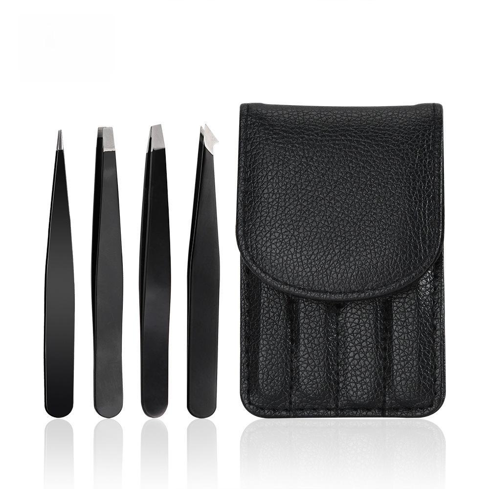 Stainless Steel Eyebrow Tweezer 1.5mm Thick, Black/Pink, Precision Slant Tip with Leather Case.