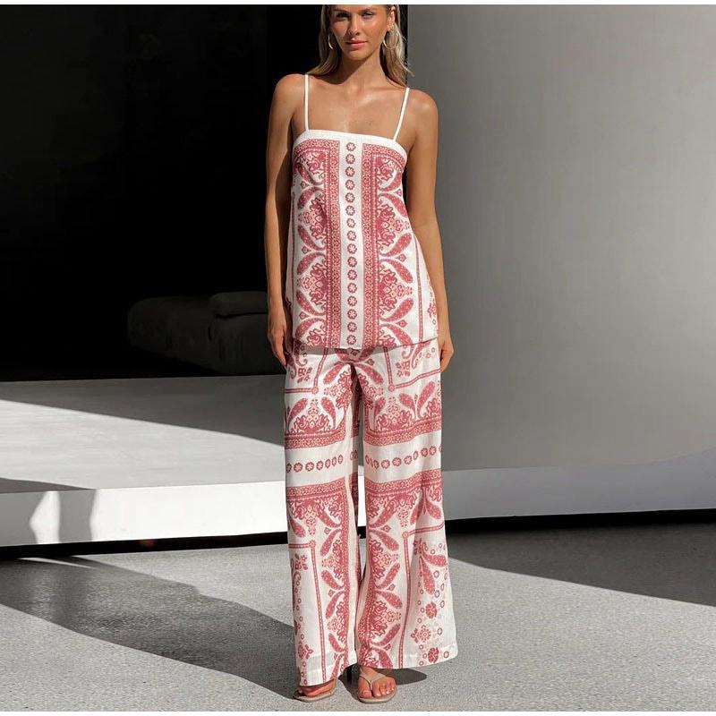 Vintage Print Strap Vest Pants Set Women Sleeveless Backless Tube Top Wide Leg Loose Trousers Female 2025 Fashion Holiday Suit