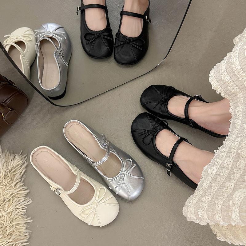 Inner Height Increase Bow Bag Head Half Slippers Women Wear Outside Summer Night Wind Lazy People Pedal Mary Jane Shoes