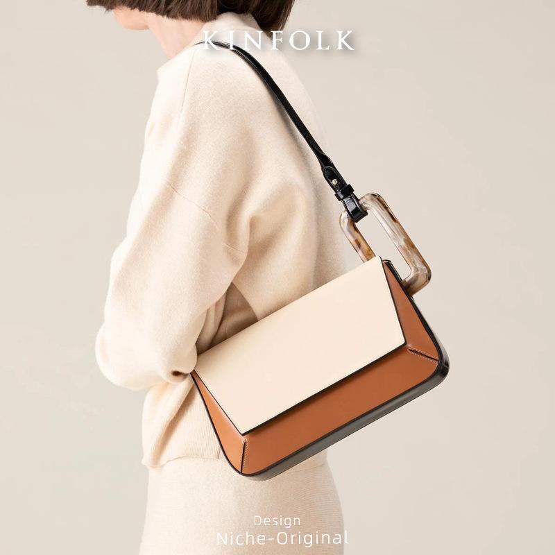 Ladies' New Niche Trendy Bag with Contrasting Colors, Geometric Splicing Acrylic Square Buckle, Single Shoulder Armpit Bag, Small Square Bag