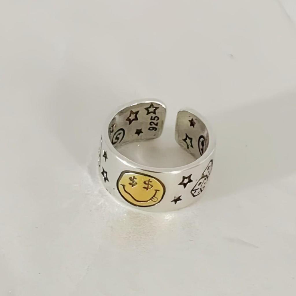 Korean Style Smiling Face Ring with Star Playing Card Design - Open Adjustable