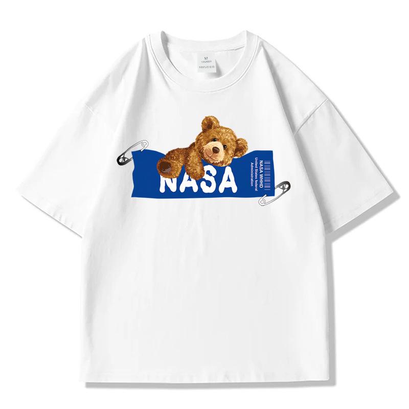 Men's NASA Co-branded Bear Print Crew Neck Cotton T-Shirt - Short Sleeve, Casual Streetwear, Plus Size Available