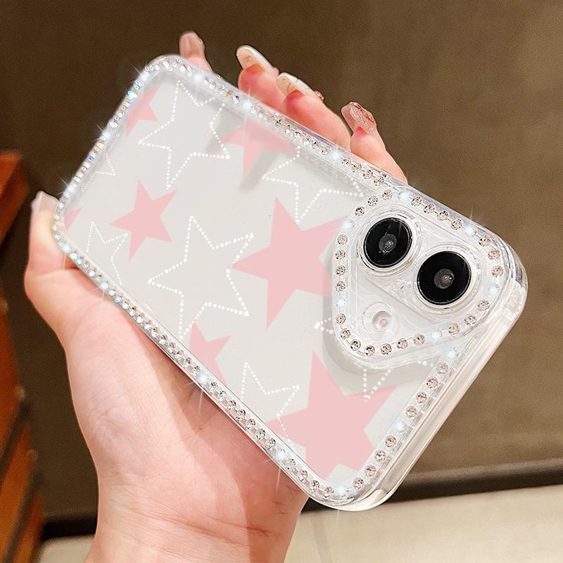 Stars Pattern Diamond Frame Clear Soft Silicone Case For iPhone 16 Pro Max 16E 15 14 Pro 13 12 11 Lens Protection Shockproof Phone Cover