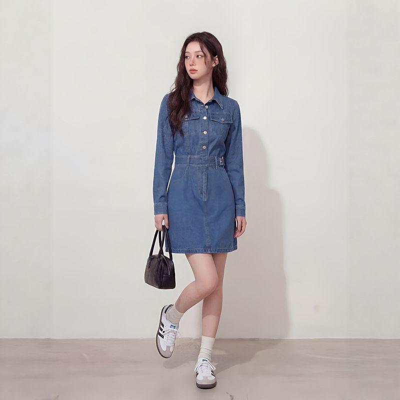 

Plus-Size Women s Clothing for Fat Girls, Hong Kong Style Retro Denim Long-Sleeved Waist-Cinching Dress, 2026 Spring Slimming and Versatile Dress Short Style 2XL