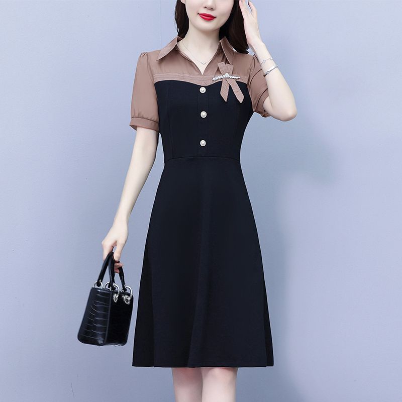 Summer Slimming Short Sleeve Dress with Pearl Splicing Youthful and Belly Covering