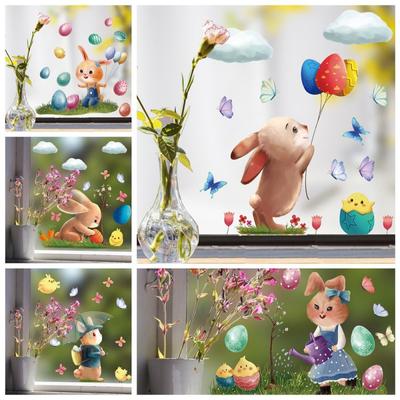 Cartoon Rabbit PVC Window Sticker Easter Cute Bunny Decals Wall Door Paste Decoration
