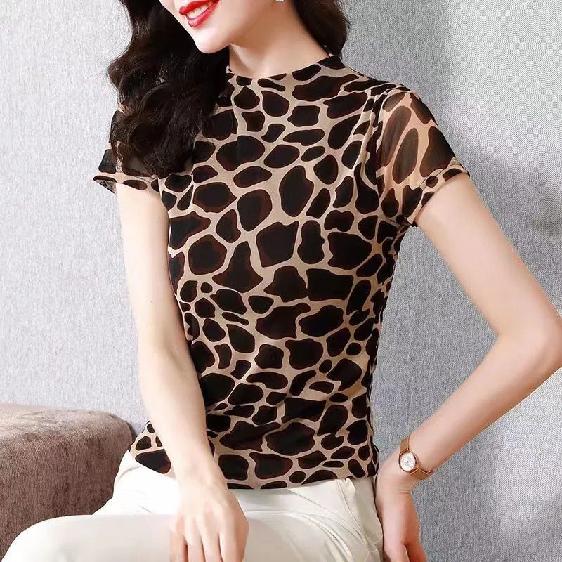 Mesh Bottoming Shirt Women's Short Sleeve Top Summer New Round Neck T-shirt Elastic Thin Print Blouse