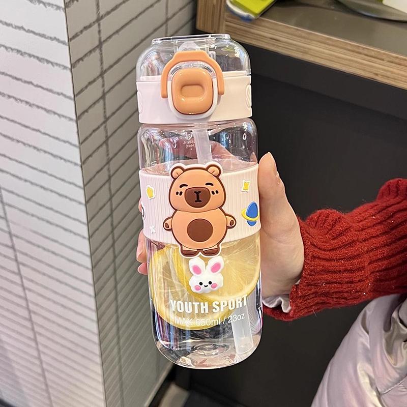 600 ml Kreskówkowy Dziecięcy Plastikowy Kubek ze Słomką Letni Studencki Kubek ze Słomką Przenośny na Zewnątrz Kreskówkowy Bidon Butelka na Wodę