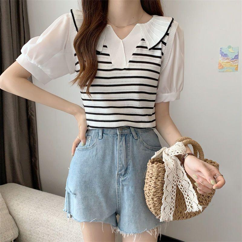 Fake Two Piece Shirt Patchwork V-neck Striped Polo Shirt Knitted T-shirt for Women's Design Sense Short Bubble Short Sleeved Top for Summer