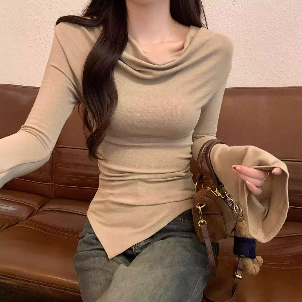 Irregular Slanted Shoulder Pullover Slim Fit T Shirts Women Y2k Fashion Long Sleeve T-shirt Spring
