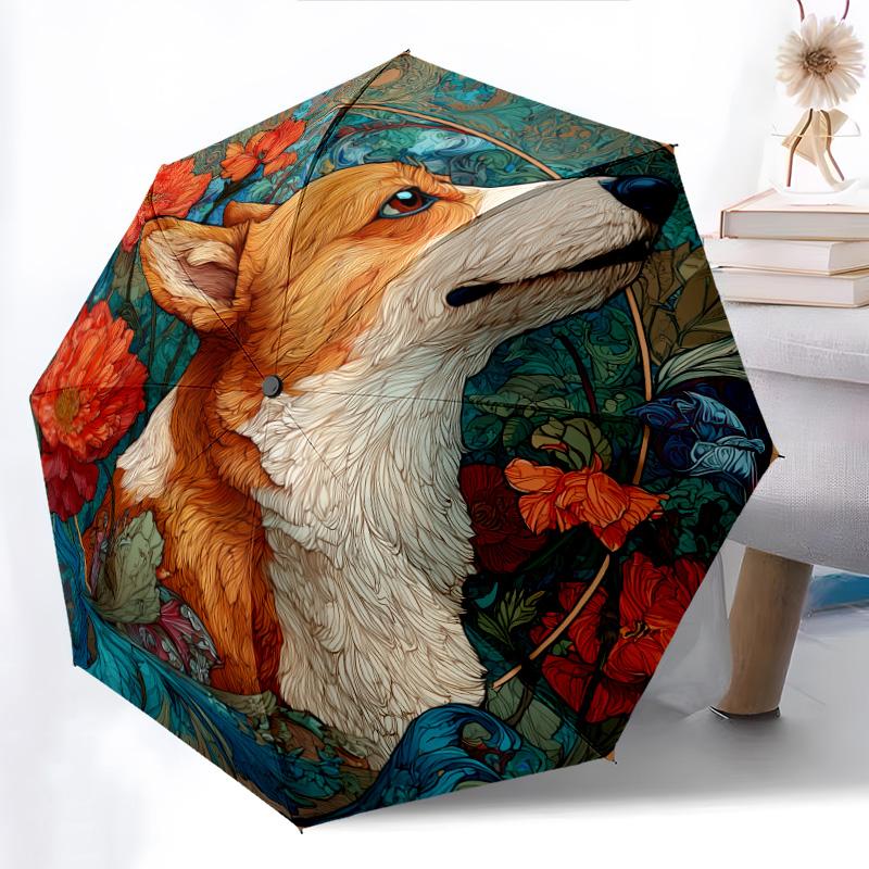 0106 Floral Dog  pattern, automatic folding umbrella, portable and foldable design, 8 ribs, a Christmas or birthday gift.