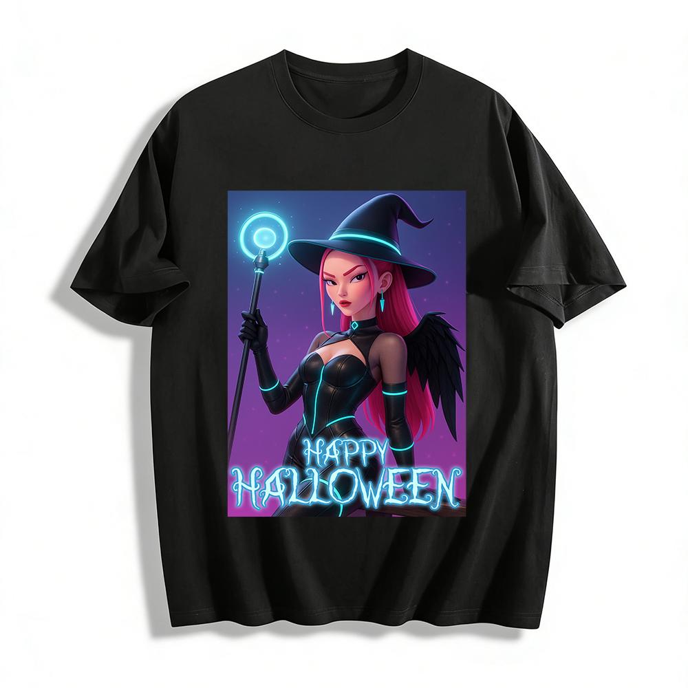 Halloween Dark Witch Cyberpunk Print Top Festival Vibe Casual Glow-in-the-Dark T-Shirt Pure cotton T-shirt XXS