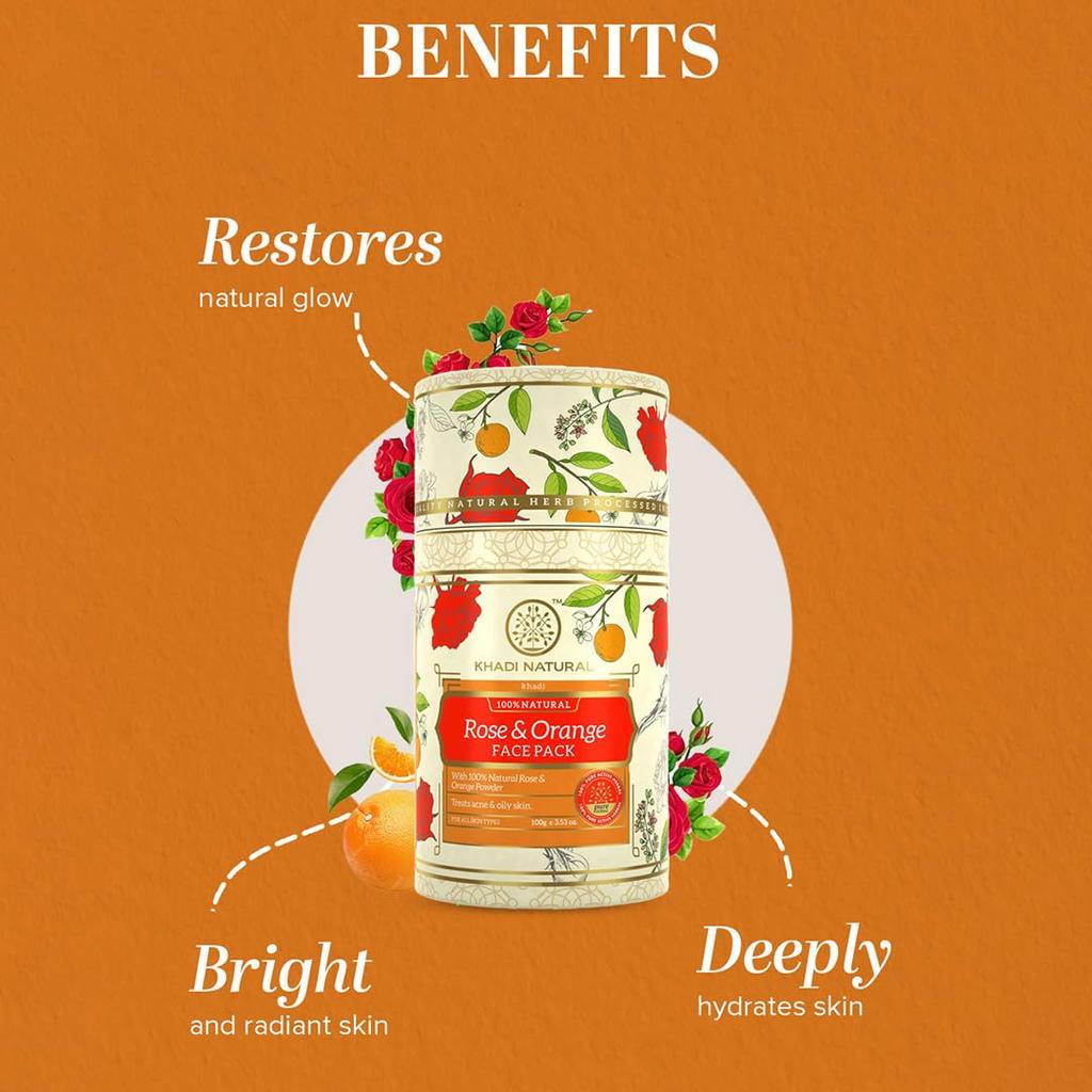 Khadi Natural Ayurvedic Rose & Orange Face Pack For Glowing Skin Exfoliating Formula 100 g For All Skin Types