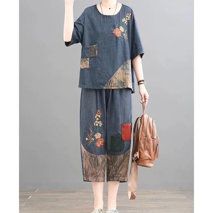 Large Size Cover Meat and Thin Embroidered Ladies Denim Suit Fashion Western Style Age-reducing Fashionable Summer
