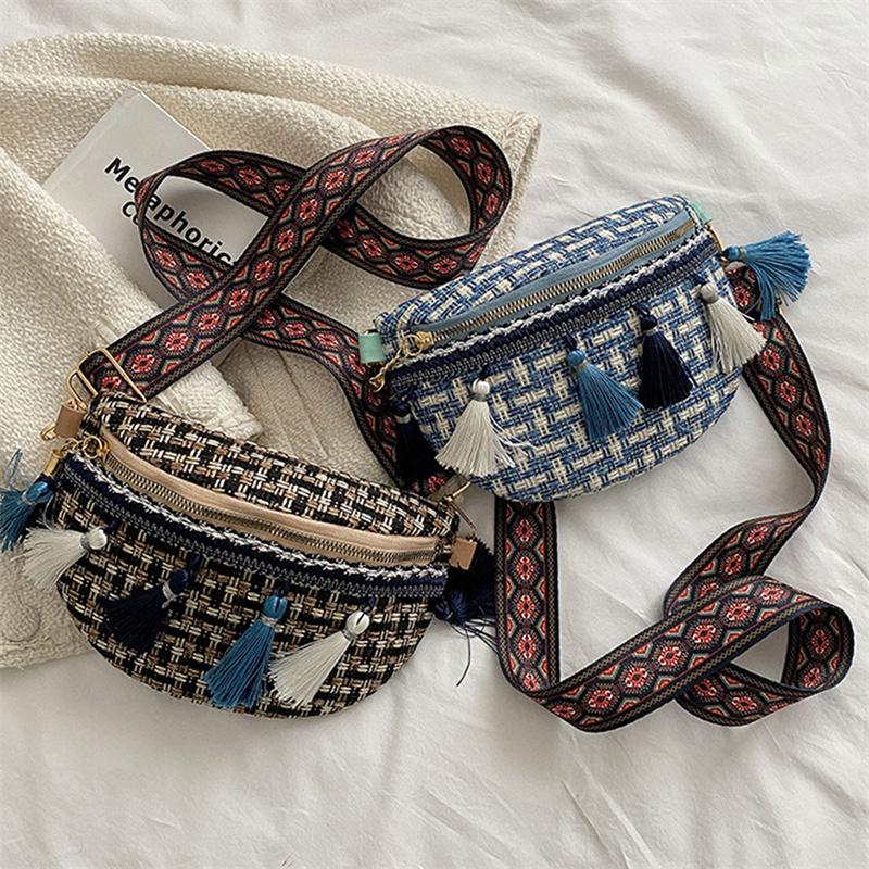 Weave Crossbody Bags Female Tassel Waist Bag Retro Leather Shoulder Packs