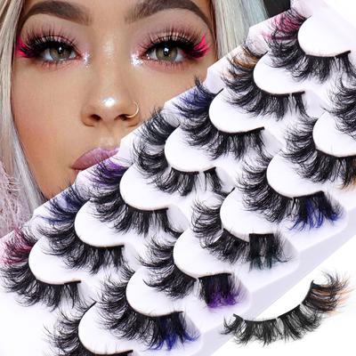 7 Pairs of Colorful Faux Mink Lashes - Natural Curly & Fluffy, Segmented for a Realistic Lash Extension Look