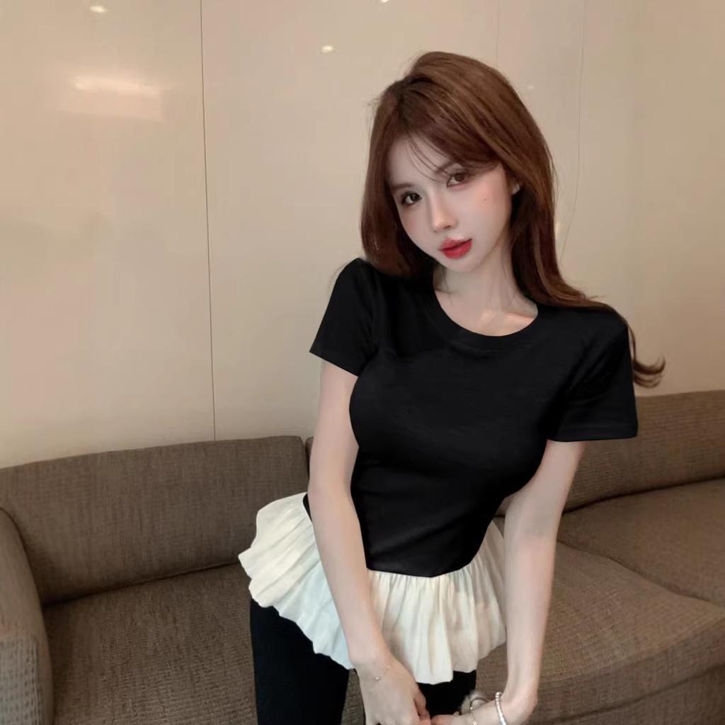 Ballet style fake two-piece splicing fashion T-shirt women's summer design sense niche hem slim and thin short-sleeved top