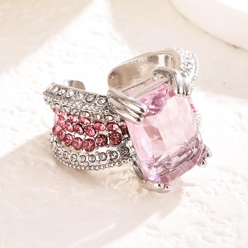 Cold Style Ins Inlaid Pink Ring for Women with Open Index Finger Pink Gemstone Ring