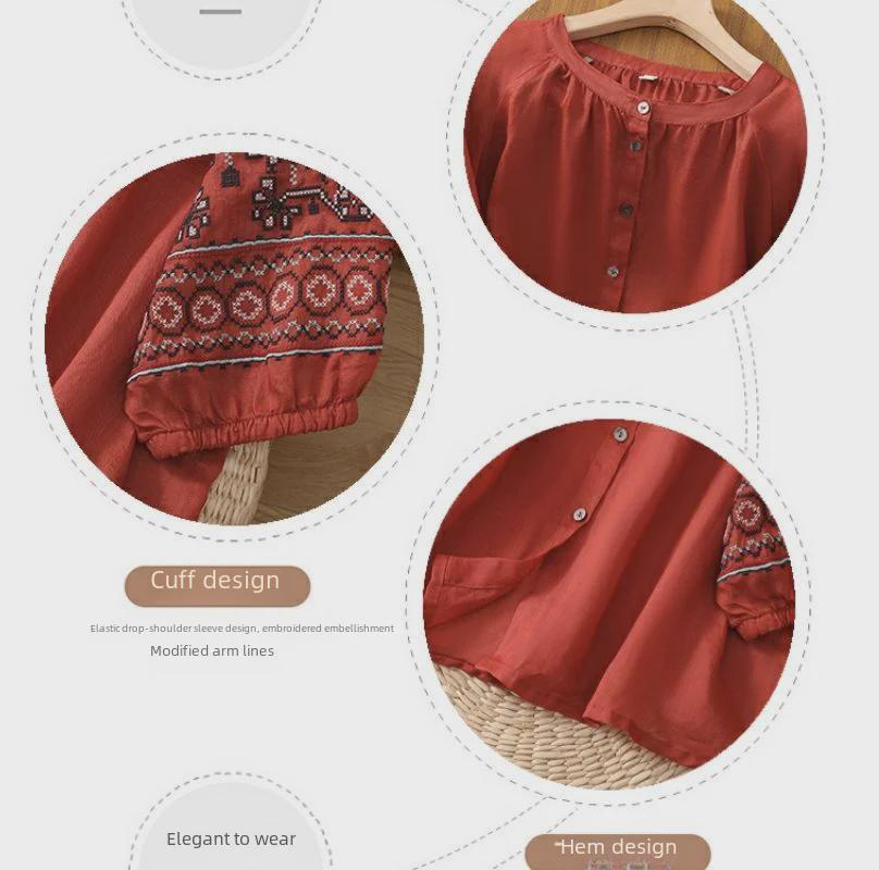 Women's Retro Embroidered Cotton-Linen Lantern Sleeve Shirt (Spring/Summer 2024)