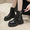 Fashion Cool British Style Lace-up Boots for Women Autumn New Style Thick Heel Thick Sole Belt Buckle Front Lace Up Leather Short Boots