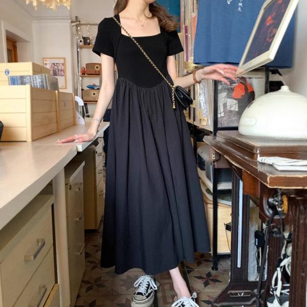 

Лето 2025 Женское французское ретро платье «Черный лебедь» с квадратным вырезом в стиле Хепберн, приталенное, длинное M Premium чёрный