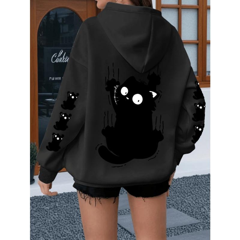 Scared Little Black Cat Minimalist Black and White Print Hoodie for Large Size Women's Sweatshirt Winter Clothes Women