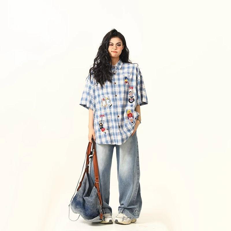 Female's American Style Fun Embroidered Shirts Retro Checkered Short Sleeved Casual Tops Summer Loose Cool Lapel Blouses