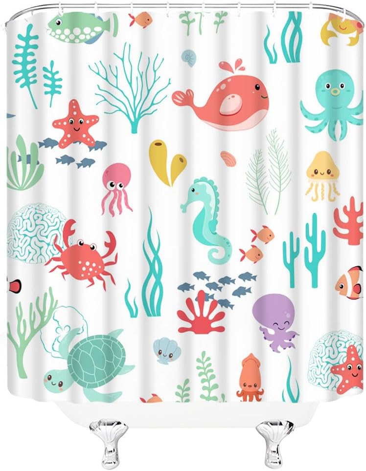 Cartoon Sea Animal Shower Curtain Nautical Ocean Underwater Coastal Beach Sea Marine Animal Dolphin Octopus Seaweed Boys