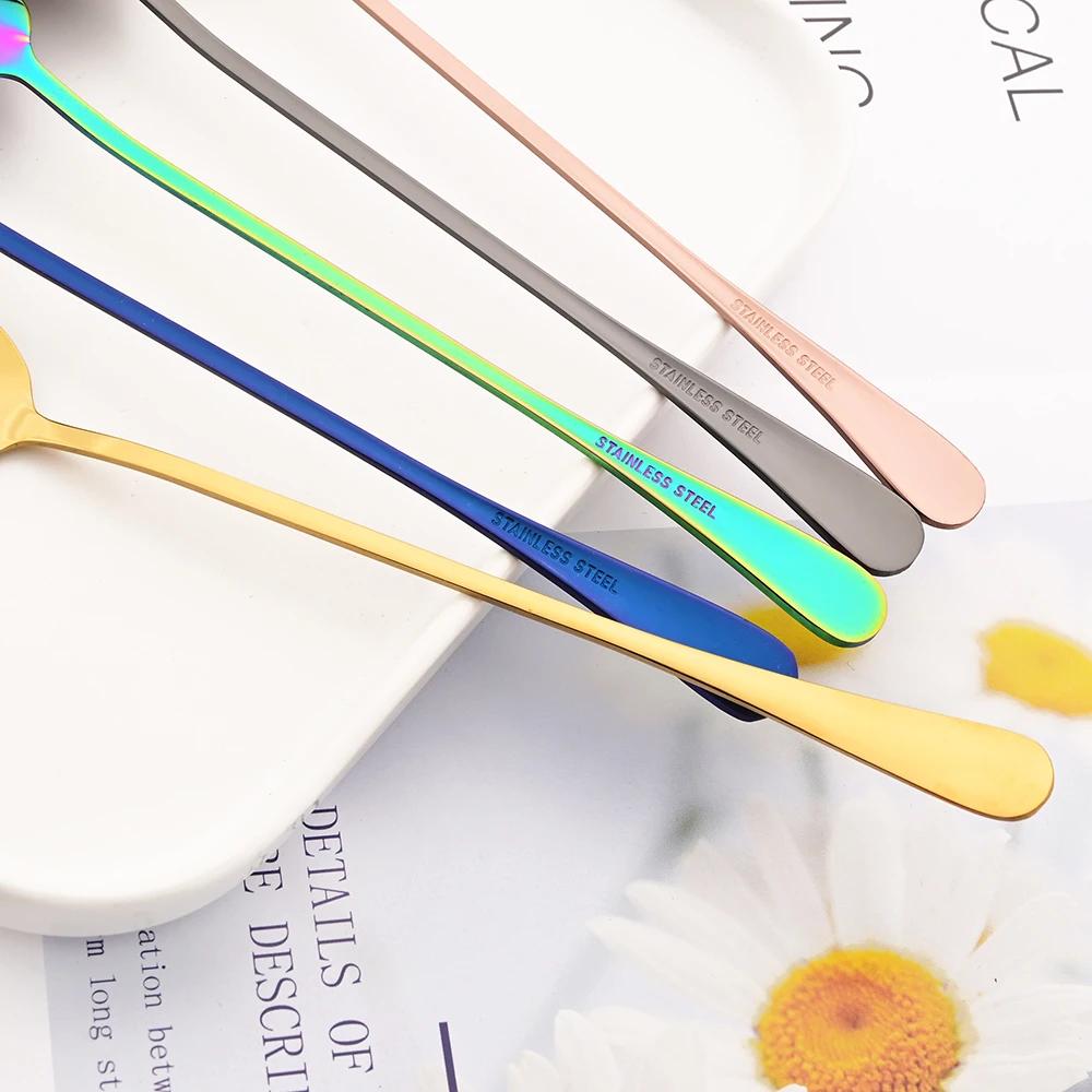 10Pcs Black Coffee Spoon Eco-Friendly Stainless Steel  Tea Stir Spoon Tableware Long Handle Ice Cream Dessert Spoons Kitchen Supplies