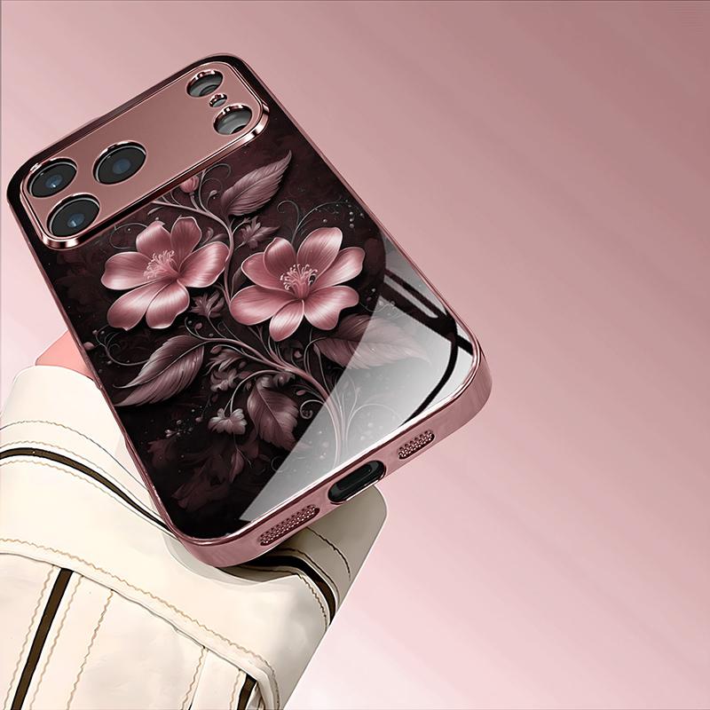 Pink Flowers Pattern Pink Metallic Tempered Glass Phone Case For iPhone 11 12 13 14 15 16 17 Pro Max 15 Plus 17 Air 16E Cover