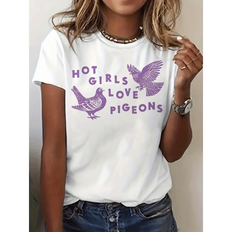 

Hot Love Pigeons Graphic Print T-Shirt, Short Sleeve Crew Neck Casual Top for Summer & Spring, Women S Clothing S белый