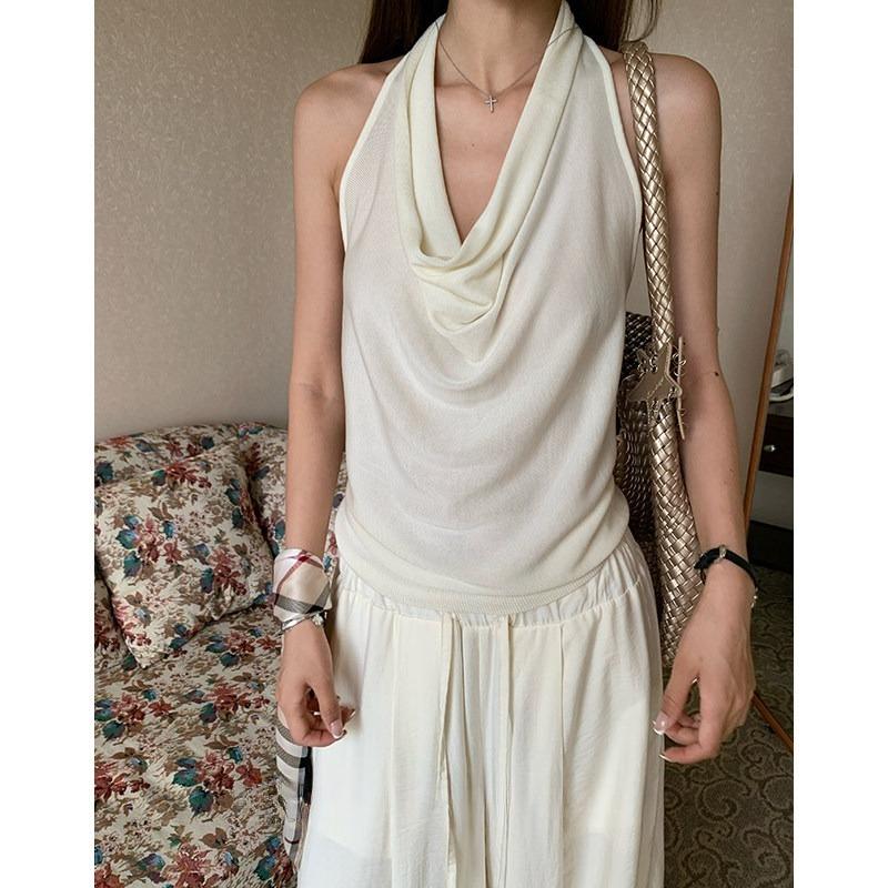 Women Summer Cool Feeling Lyocell Cowl Neck Cami Tank Top Solid Color Fashion Sleeveless Designer Style Casual Top