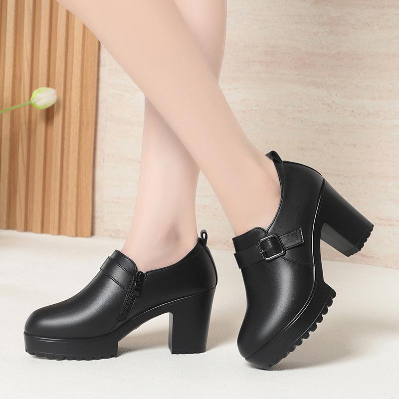 6cm 8cm Fashion Breathable Comfortable Soft Leather Shoes Woman Block Heels  Fall Thick Platform Shoes for Office Work Mom