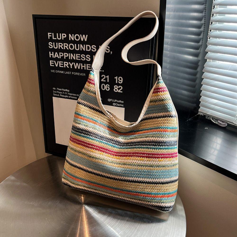 Bohemian Style Rainbow Beach Bag Large Capacity Hollow Tote Bag Fashion Weave Straw Bag  Travel