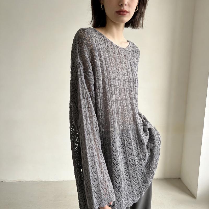 Women's Hollow Out Long-Sleeve Knit Cardigan - Lazy Style, Slimming Mid-Length Outerwear, Age-Reducing Sun Protection