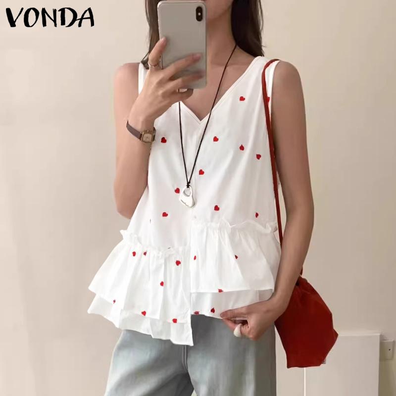 

VONDA Women Sleeveless Tank Tops V Neck Print Irregular Ruffled Casual Blouse S білий