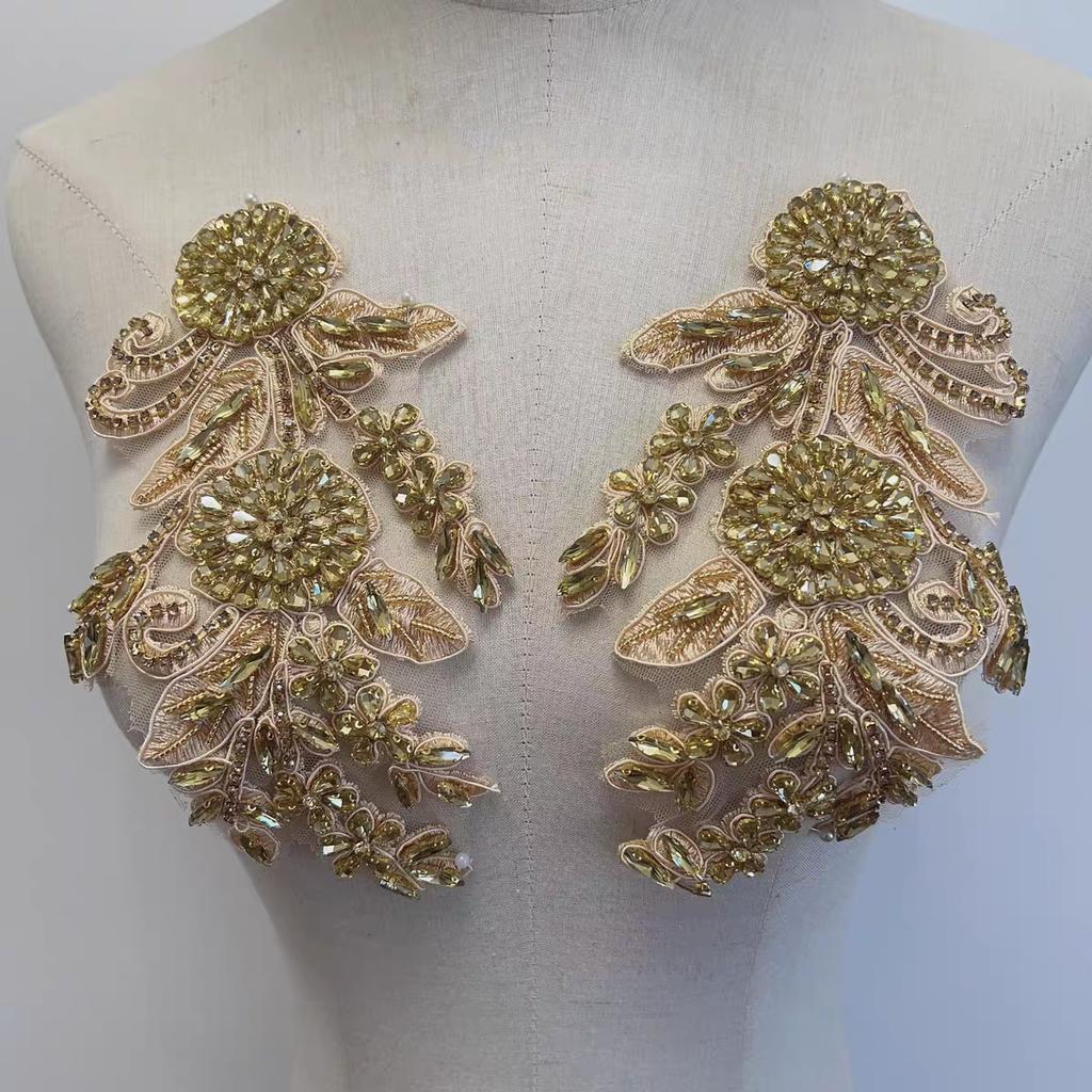 Custom 3D Eco-Friendly Flatback Hot Fix Rhinestone Appliques for Wedding Suits Costumes-Gold Beaded Trim Luxury Fabric