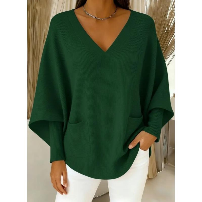 VEZFAA Damenmode, lässig, Herbst/Winter, einfarbig, bedruckt, langärmelig, V-Ausschnitt