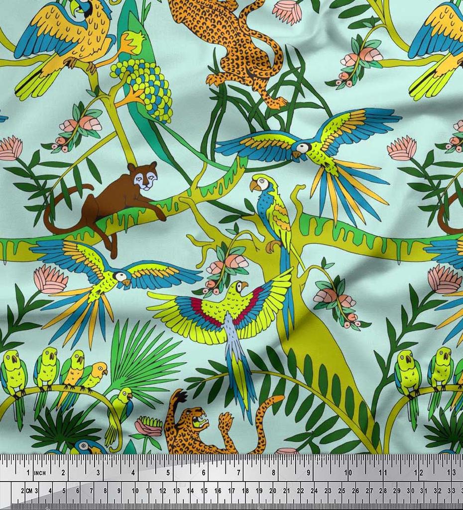 Soimoi Japan Crepe Satin Fabric Branches,Parrot & Leopard Jungle Print Fabric by the metre 42 Inch
