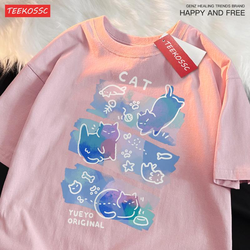Buntes Drei Katzen Trendiges Lockeres und Atmungsaktives Reine Baumwolle Sommer Kurzarm T-Shirt Männer Frauen Verträumter Spaß Katze Niedliche Kleidung