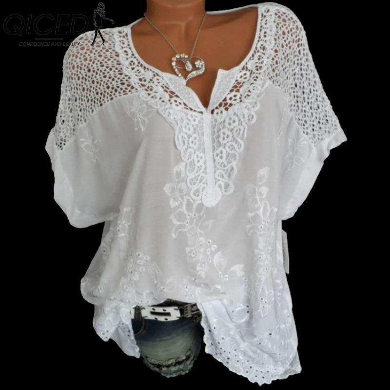 QICED Dámská móda Ležérní jednobarevné halenky a košile s krátkým rukávem a výstřihem do V