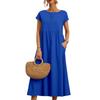 European and American Short-Sleeve Round Neck Cotton-Linen Long Dress with Pockets