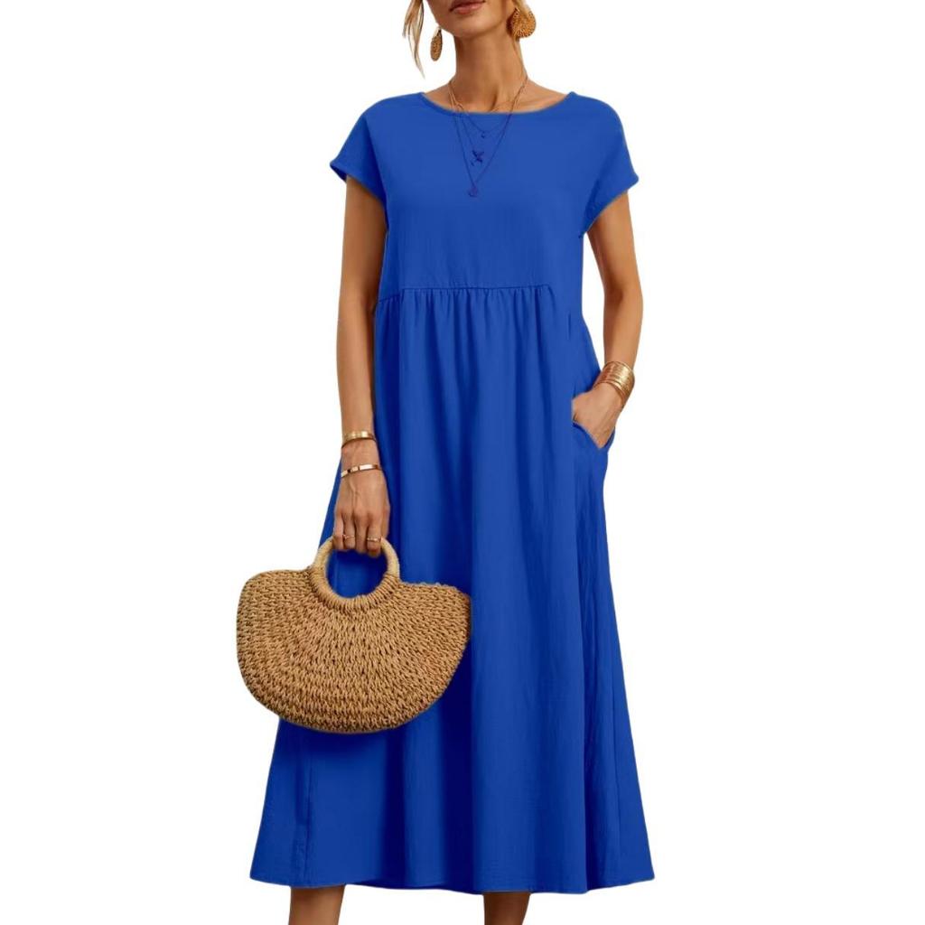 European and American Short-Sleeve Round Neck Cotton-Linen Long Dress with Pockets
