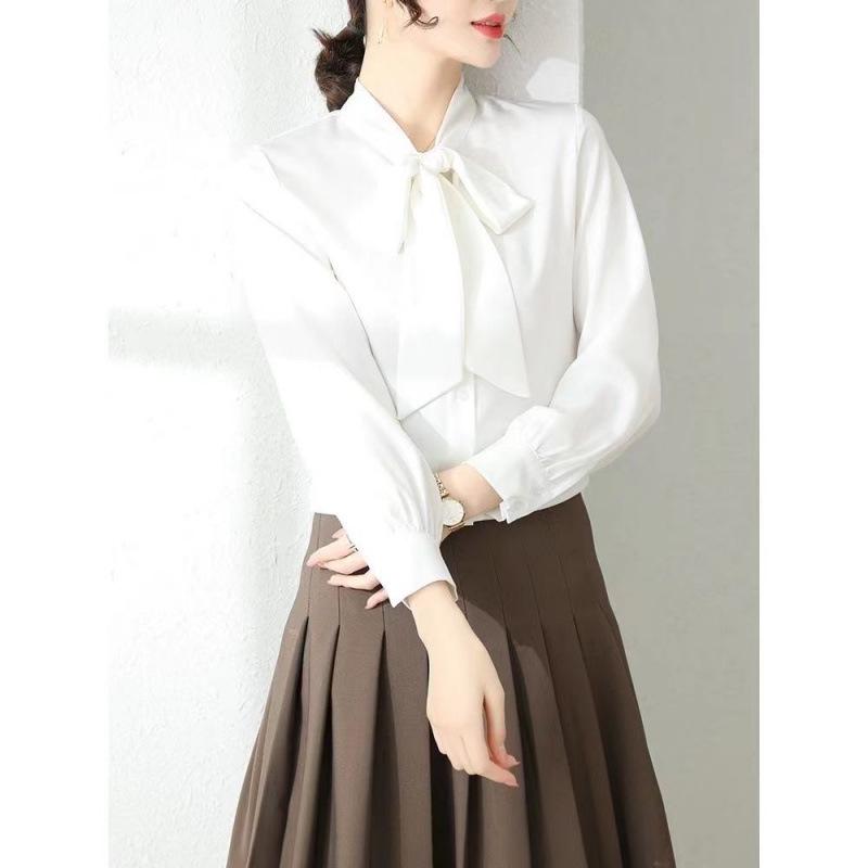 Acetate Satin French Court Shirt: 2025 Spring/Autumn Bow-Tie Blouse
