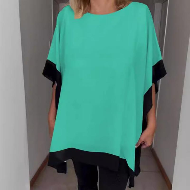 Summer Women's Round Neck Loose Short Sleeved Bat Sleeve Solid Color Patchwork T-shirt for Women